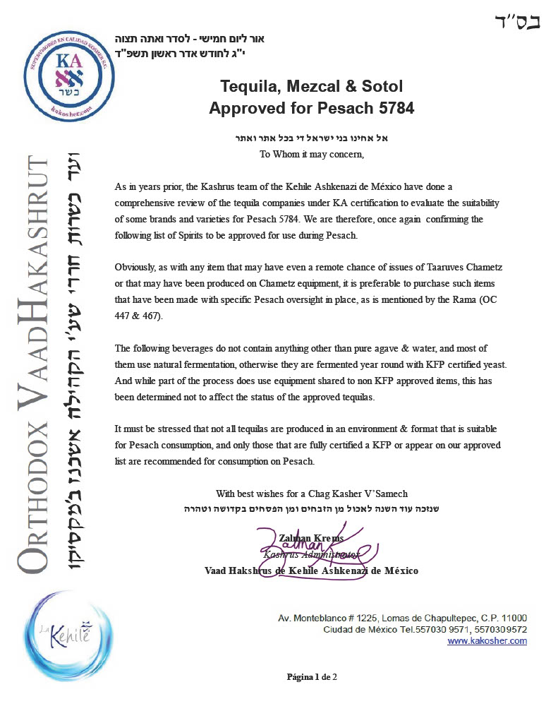 PASSOVER APPROVED TEQUILA, MEZCAL & SOTOL LIST FROM KA KOSHER