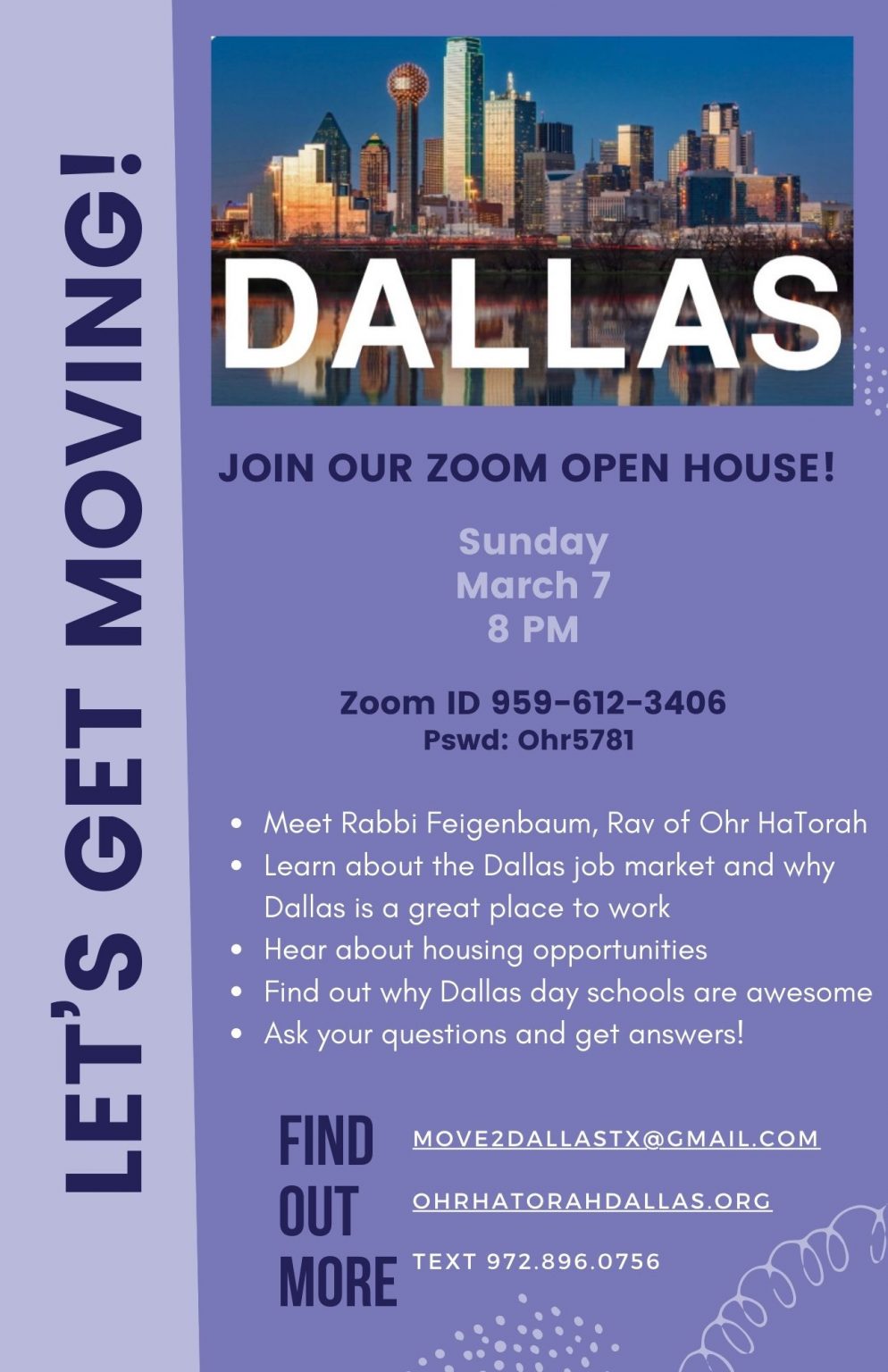 Ohr HaTorah Dallas Let�s Get Moving! Zoom Open House!